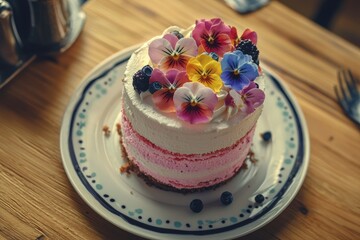 An elegantly decorated layered cake with fresh berries and colorful edible flowers, presented on a decorative plate, sitting atop a rustic wooden table surface.