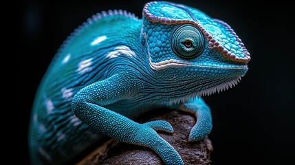 Fototapeta premium Closeup of a Vibrant Blue Chameleon on Dark Background