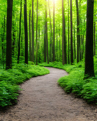 Obraz premium Serene winding path through lush green forest with dappled sunlight