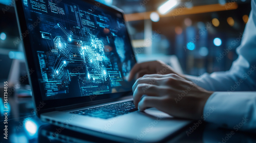 Aufkleber person typing on laptop displaying complex blue digital interface and code in a dark environment