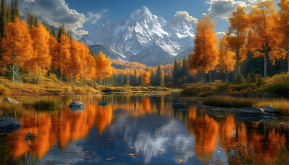 Fototapeta premium Autumn reflection Snowy mountain, colorful trees, and lake create a peaceful scene