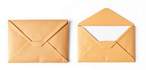 Brown craft envelopes, front and back views, isolated on white, isolated, surface