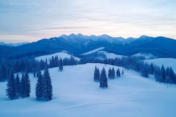 Obraz premium Serene winter landscape; snow-covered hills, evergreen trees, and distant mountains under a soft twilight sky