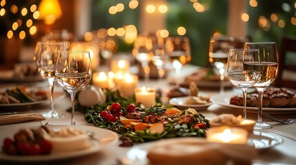 Festive Dinner Table Setting with Wine Glasses and Candle Light