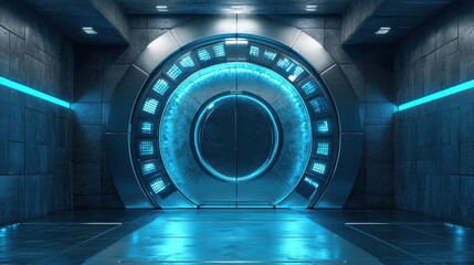 Round futuristic door with bright blue neon lights in grey stone room. Use for sci-fi, future tech, gaming, or portal to another dimension.