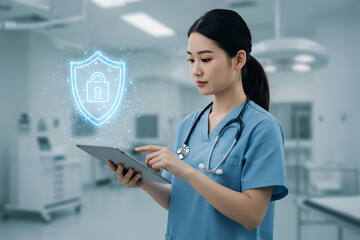 Medical Asian personal with tablet and digital shield icon represents data security, patient protection. Futuristic healthcare technology, medical diagnostics and save confidential information