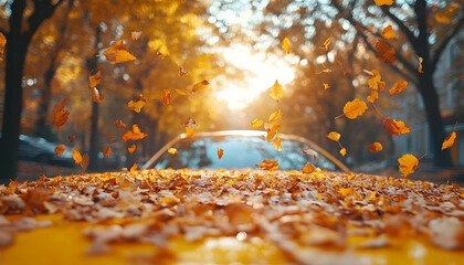 Autumnal delight Fallen leaves cover a car, trees in background, sunlit