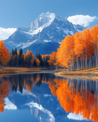 Autumnal landscape mountain reflected in lake lined with trees