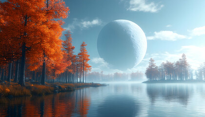 Autumnal landscape reflecting in water, a large celestial object visible in the serene sky