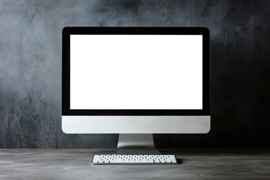 Product Photography of Monitor with White Screen on Clean Table, Styled with Dark Lighting