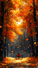 Autumnal park scene, woman seated on bench, leaves falling from orange trees