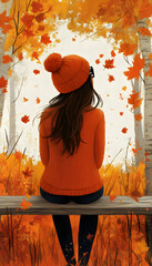Autumnal scene girl sits, gazing at falling leaves in vibrant fall foliage