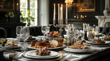 Fototapeta premium Lavish Dining Table Setup with Feast of Roasted Poultry and Grapes