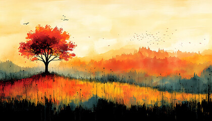 Autumnal watercolor landscape with a lone red tree on a hill