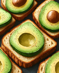 Avocado toast Square toast topped with sliced avocado arranged on a dark background