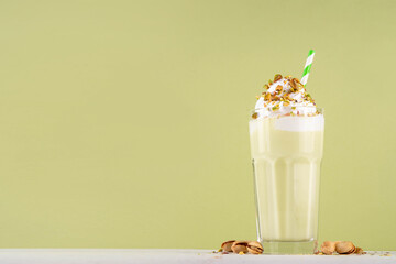 Pistachio milkshake, healthy diet protein cocktail