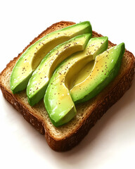 Avocado slices sit atop toasted bread, seasoned with pepper flakes against a white background