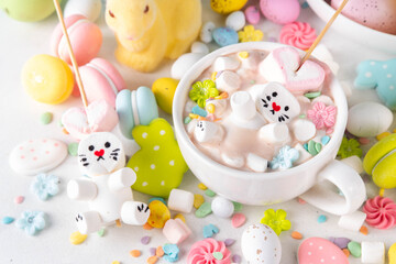 Easter holiday hot chocolate with marshmallow bunny rabbits