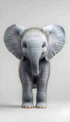 Baby elephant with big ears looking directly at the viewer against a white backdrop