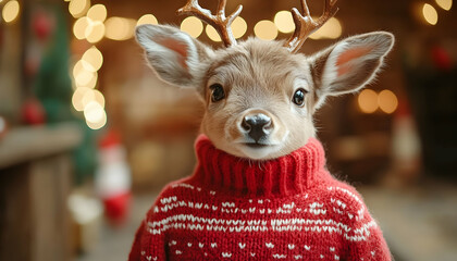 Adorable deer in a red sweater, festive lights behind