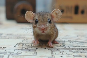 Adorable deer mouse portrait with big ears & bright eyes on patterned surface