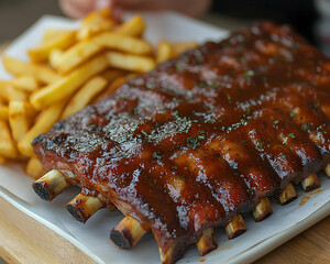 BBQ ribs with fries Mouthwatering meat feast on a tray, ready to eat!