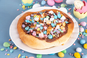 Sweet Easter chocolate eggs pizza