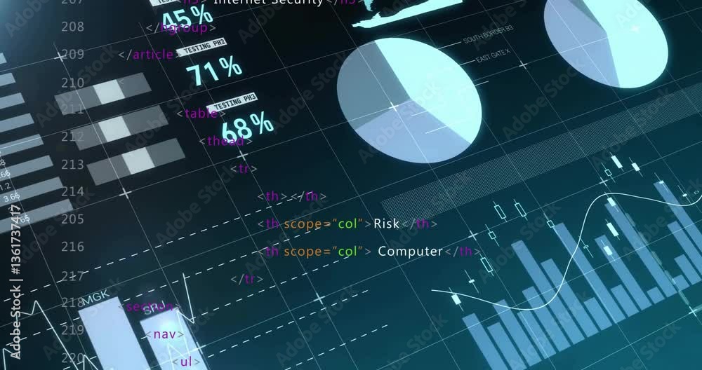 Poster animation of data analytics and coding overlaying graphs and pie charts in school