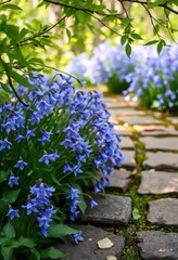Obraz premium Delicate bluebell campanula blossoms spilling over a stone path, lush green branches frame the scene, green, detail