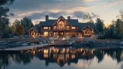 Fototapeta premium Cozy lakeside cabin at sunset with glowing lights and serene surroundings