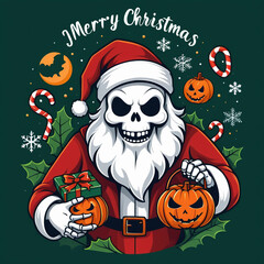 Santa Claus with a Christmas tree and a bag of gifts in a spooky skull-themed holiday design