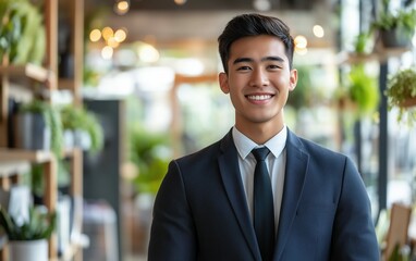 Fototapeta premium Medium shot, Asian male loan officer smiling warmly and genuinely, creating a positive and approachable atmosphere, natural light.