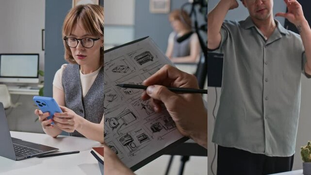 Split screen of woman at desk working on laptop, unrecognizable hand drawing storyboards and film director discussing script with actress in studio
