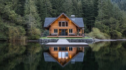 Fototapeta premium Cozy wooden cabin by serene lake surrounded by lush forest at dusk