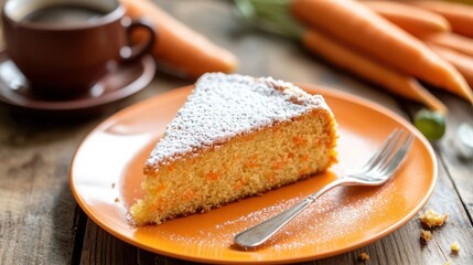 Carrot cake slice on plate with coffee and carrots