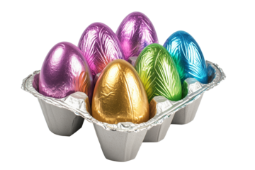 Assorted foil wrapped chocolate Easter eggs in gold, pink, blue, and green, arranged in silver carton tray isolated on white transparent background. Holiday concept