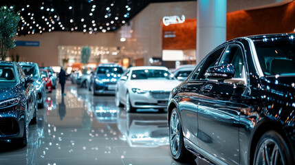A showroom is brimming with high-end cars, showcasing their sleek designs under bright, ambient lighting, creating a vibrant atmosphere for automotive enthusiasts.