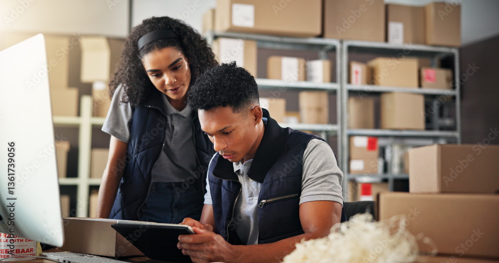 Poster logistics, people and business with tablet for discussion, checking stock and inventory research. te