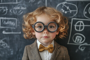 boy in glasses with blackboard