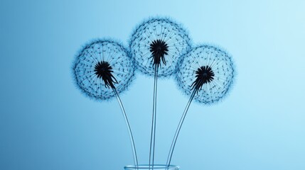 Three dandelion heads, light blue background, still life