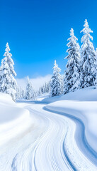 Fototapeta premium Serpentine snow path winds through a pristine snowy mountain landscape, under a vibrant blue sky, past snow-laden evergreen trees
