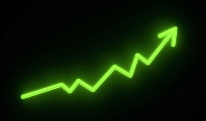 Vibrant green neon arrow ascends sharply against black background illustrating growth success. AI Generated
