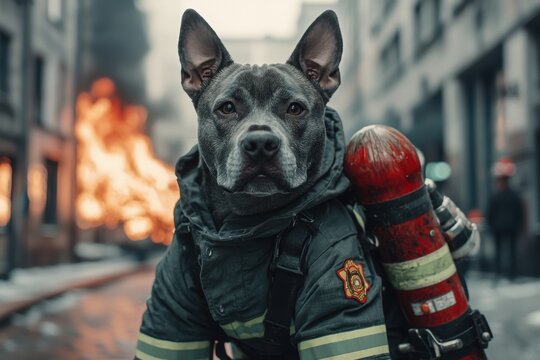 A determined pitbull dog, outfitted as a firefighter, stands tall amidst a fiery urban scene, demonstrating bravery and strength in the face of danger.