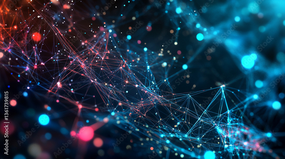 Poster a complex network of interconnected dots and lines with a colorful and futuristic aesthetic design s