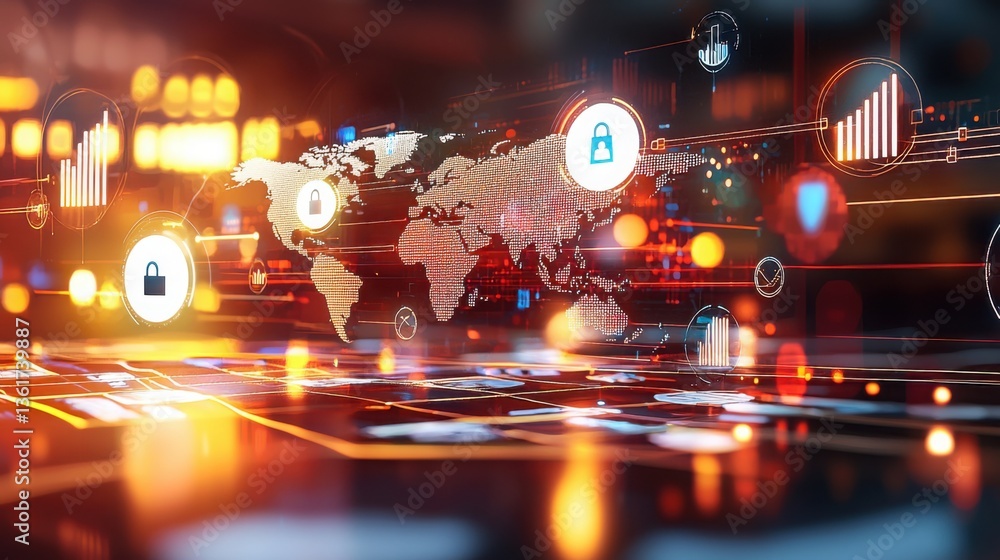 Poster world map with a lock symbolizing security and protection in global trade and technology export mark