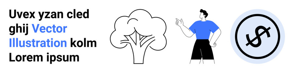 Person standing confidently near a tree and a dollar sign in a circle, promoting growth, decision-making, sustainability, personal finance, wealth management, environment, or a simple landing page