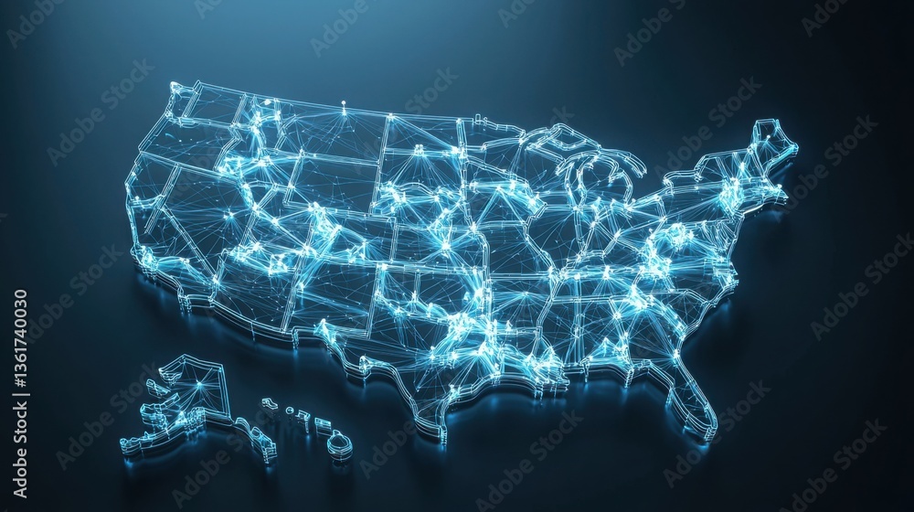 Poster visual representation of the united states with a network of connected lines indicating tech investm