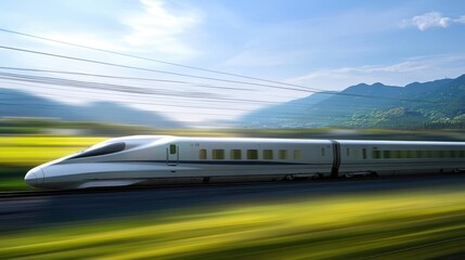 Naklejka premium A fast modern train travels across a scenic green landscape