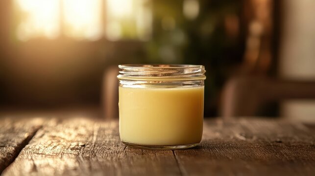 Glass jar of ghee on wooden surface with blurred background. Great for use in cooking, health, or beauty related content.