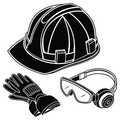 Black and White Construction Work Gear: Helmet, Gloves, and Safety Glass 